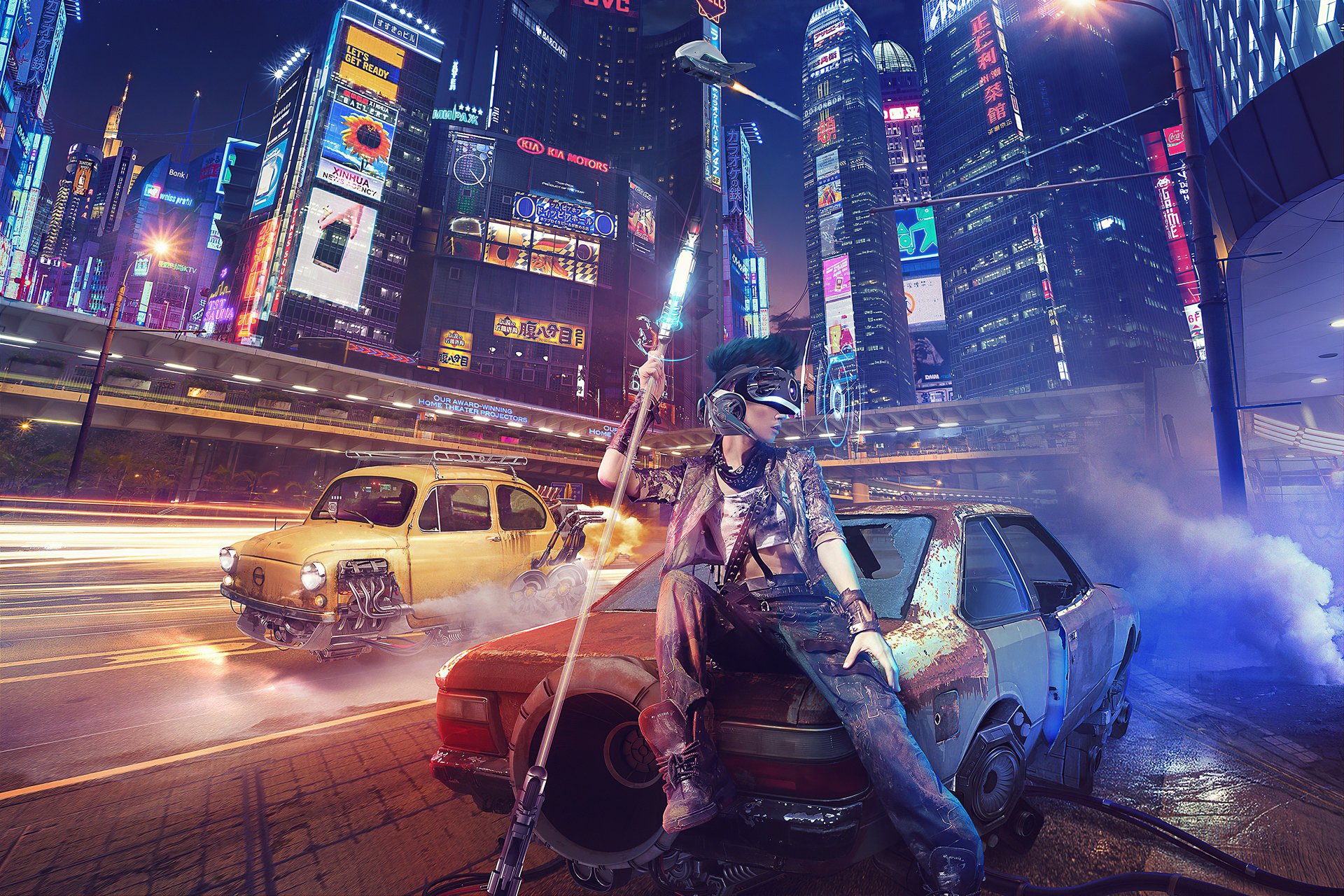 A cyberpunk cityscape with futuristic buildings and glowing neon lights, featuring a person sitting on an old car amidst vibrant traffic in 4K Ultra HD quality.