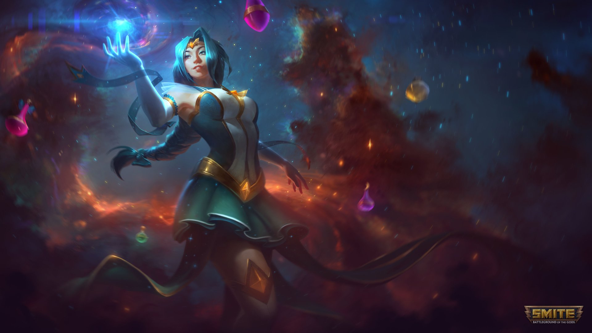 Download Dress Magic Blue Hair Braid (Video Game) Space Sorceress Nu Wa (Smite) Video Game Smite 4k Ultra HD Wallpaper by Jon Neimeister