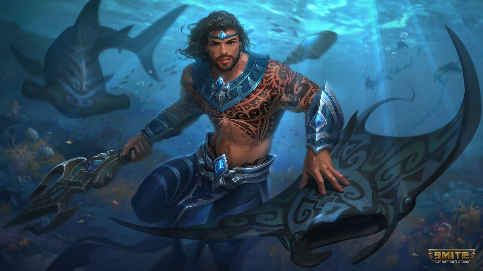 Download Warrior Tattoo Shark Manta Ray Trident Underwater Poseidon (Smite) Video Game Smite 4k Ultra HD Wallpaper by Jon Neimeister