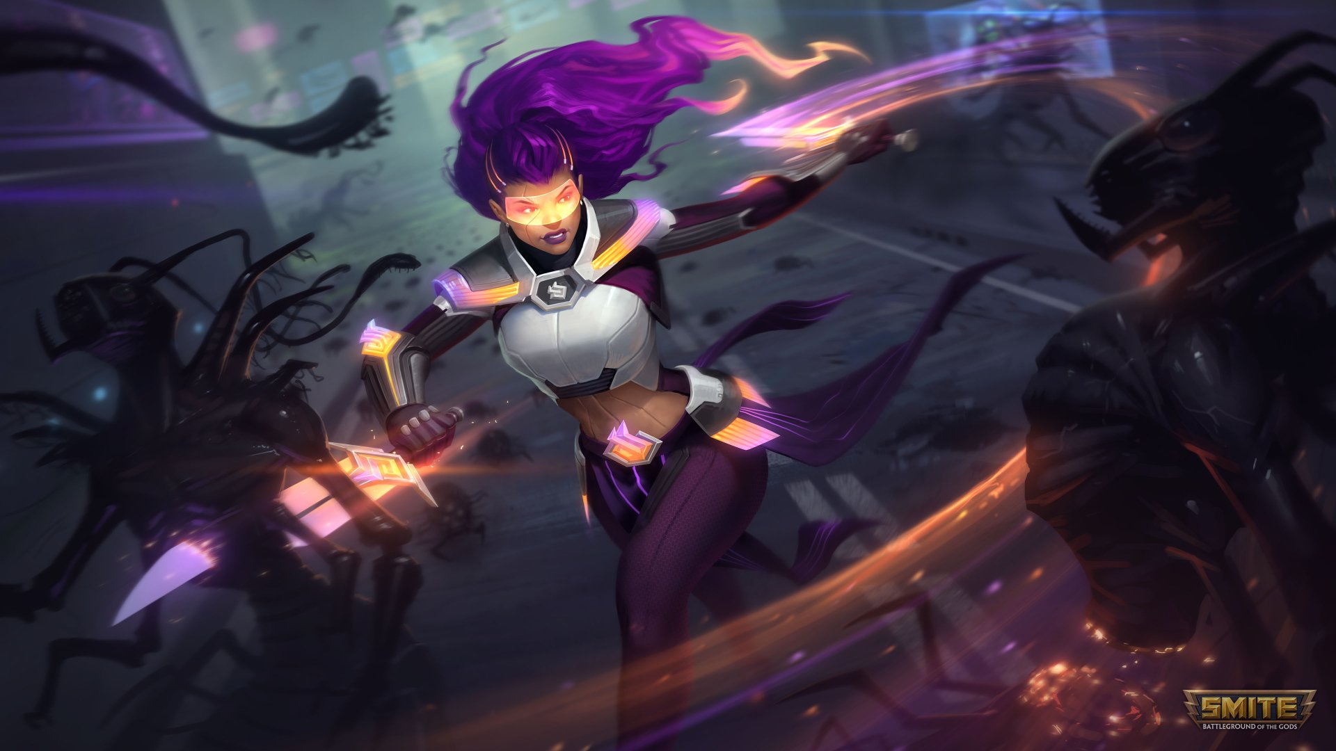 Pele from Smite with vibrant purple hair, depicted as a fierce woman warrior in dynamic action, showcased in stunning 4K Ultra HD video game art.
