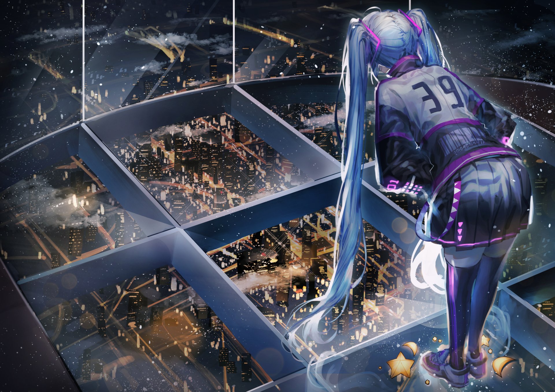HD desktop wallpaper featuring Hatsune Miku with long blue hair, overlooking a futuristic cityscape at night through a glass floor, in an anime-style depiction.