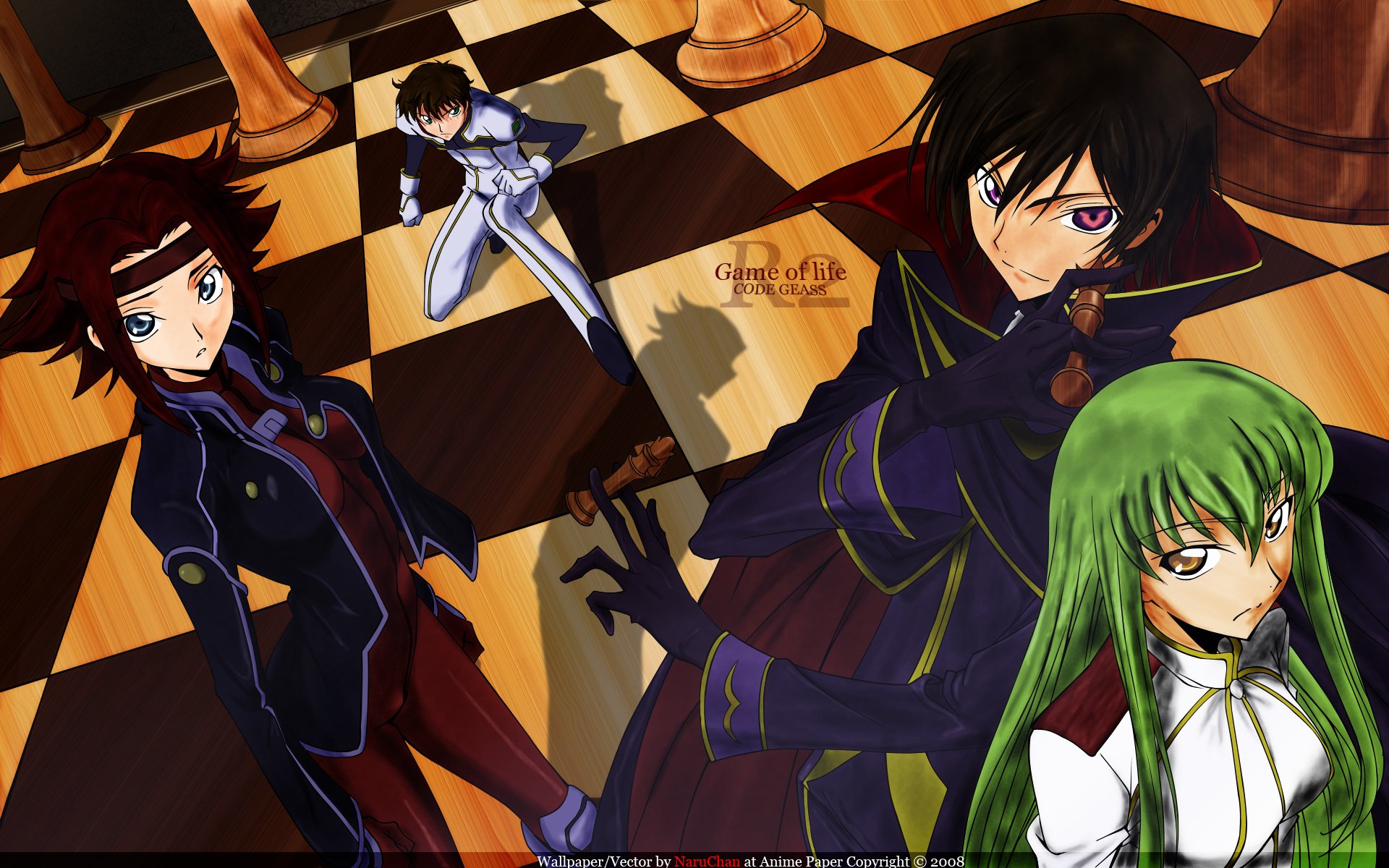 A dynamic scene featuring Suzaku Kururugi, C.C., Kallen Kōzuki, and Lelouch Lamperouge from Code Geass, set against a striking chessboard background in vibrant anime style.