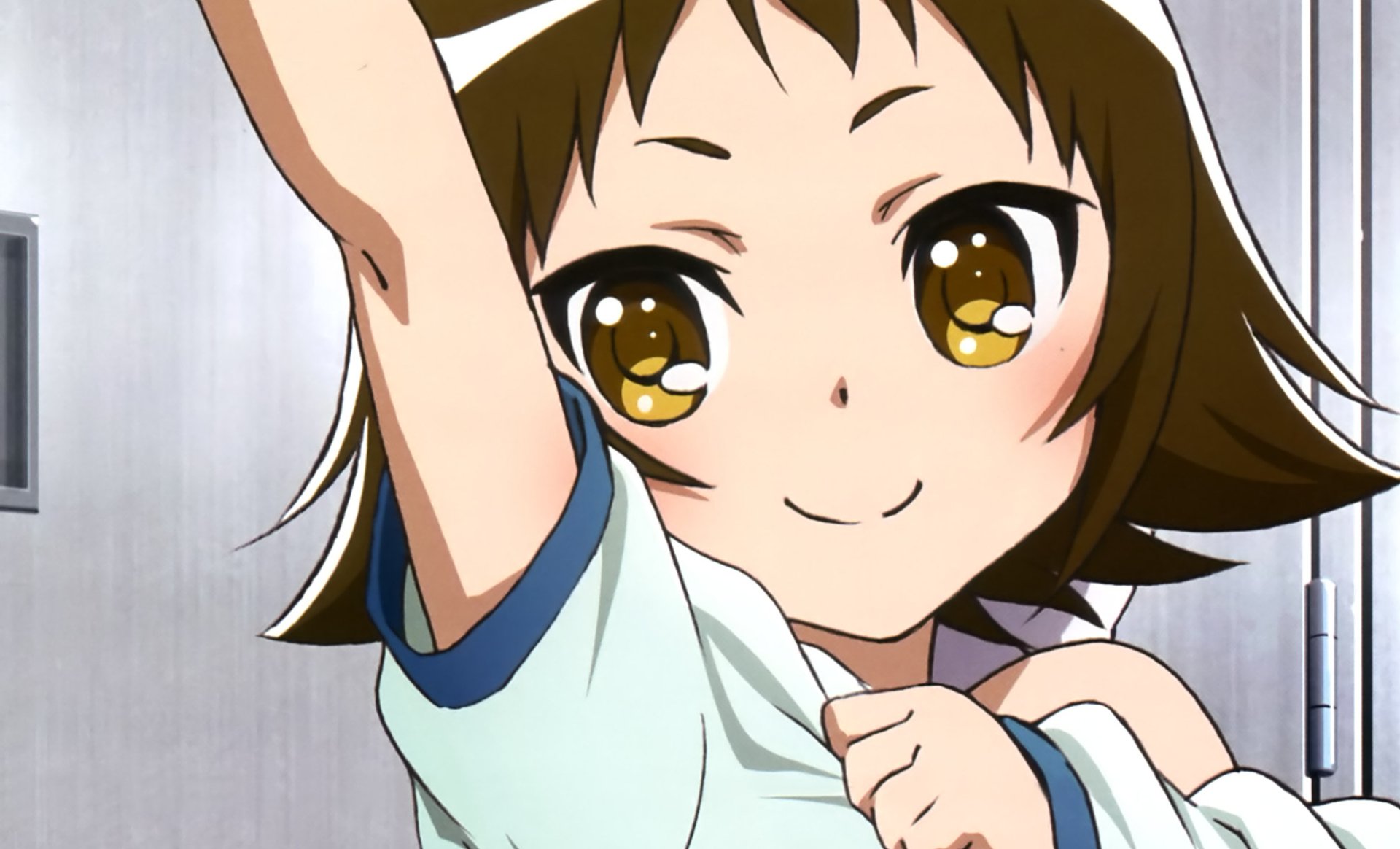 HD PC wallpaper of Mashiro Mitsumine from the anime Engaged to the Unidentified, smiling brightly and raising an arm in a cheerful, energetic pose.