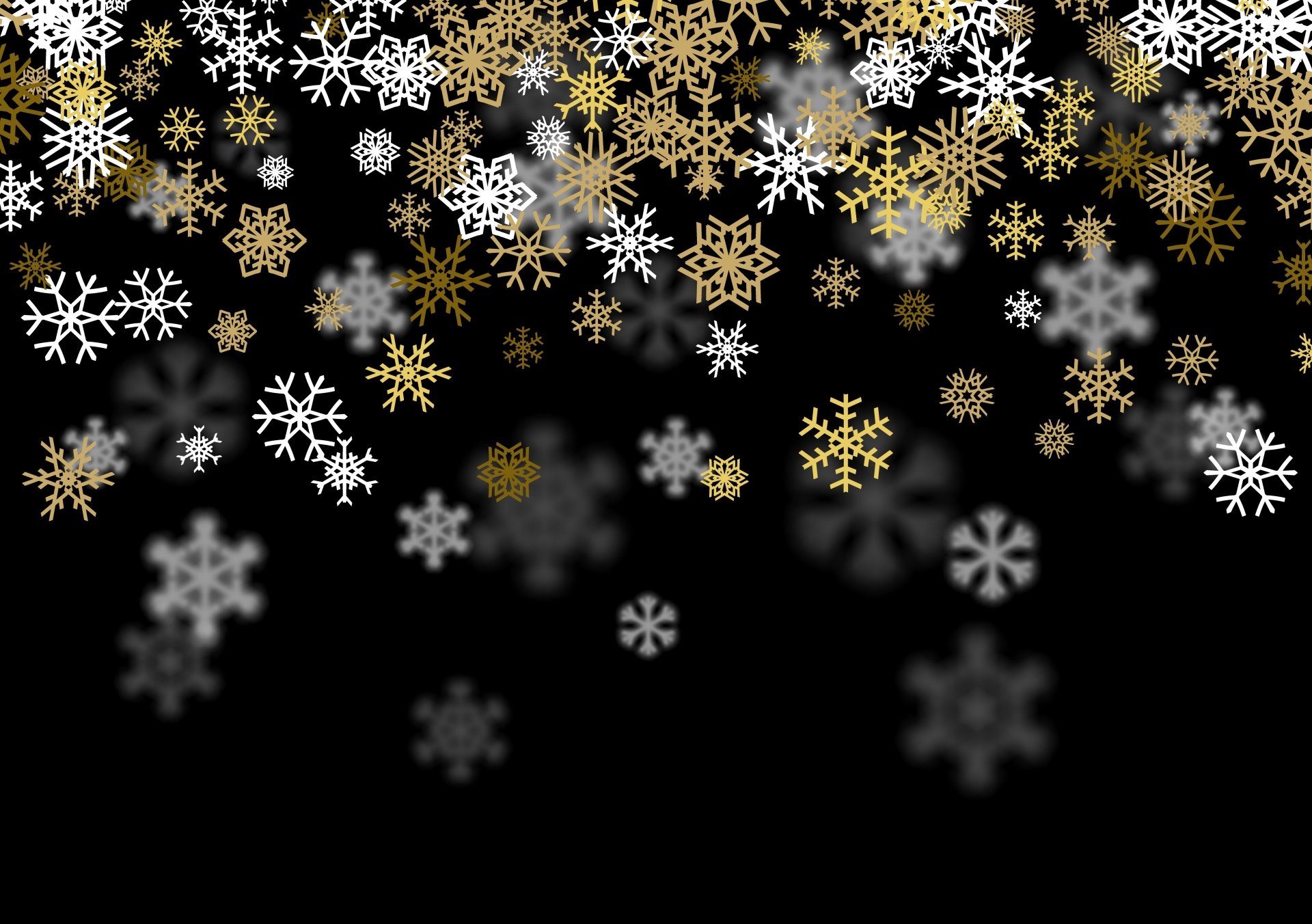 Artistic 4K Ultra HD desktop wallpaper featuring white and gold snowflakes cascading gracefully against a black background.