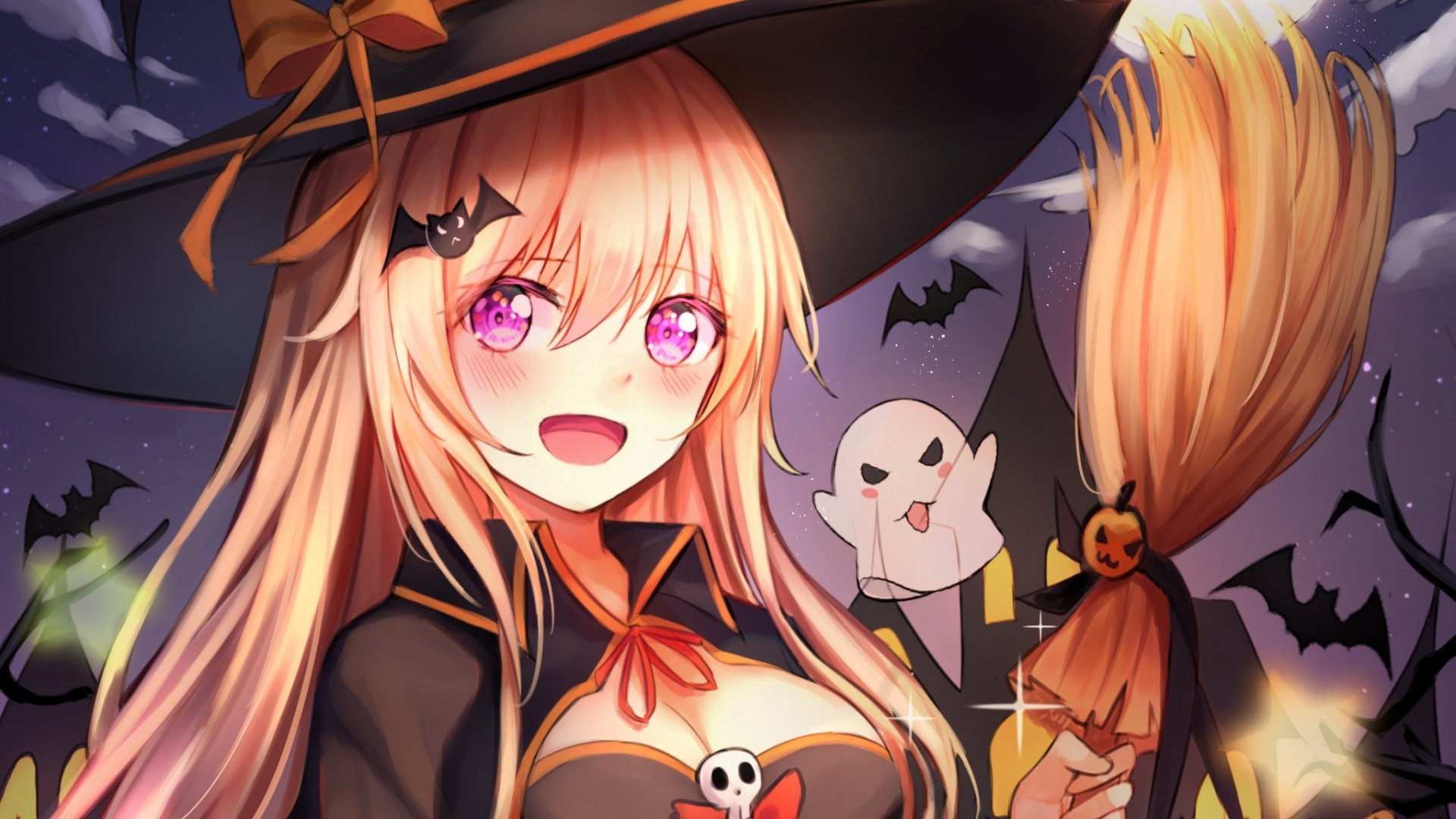 HD anime Halloween desktop wallpaper featuring a cheerful witch with long blonde hair, a large hat, glowing purple eyes, and a broom, surrounded by bats and a friendly ghost.