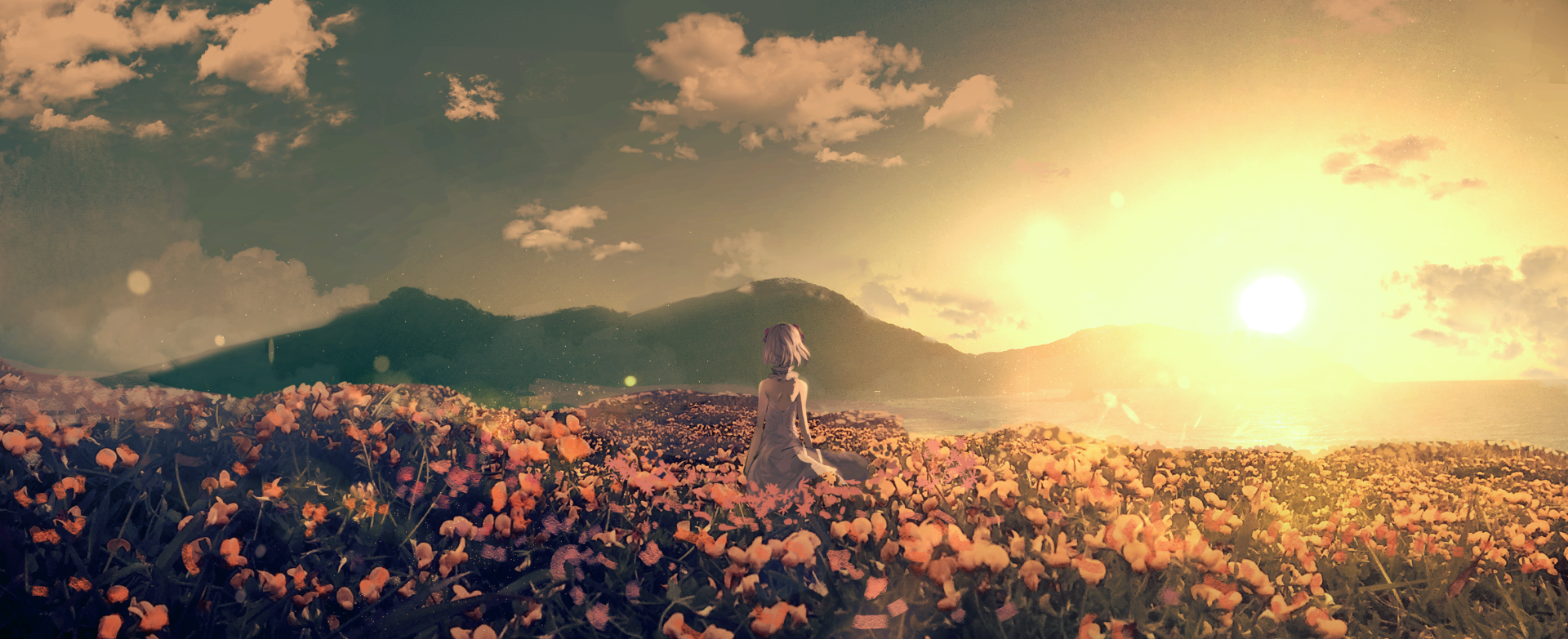 A serene anime scene shows a character sitting in a field of flowers during sunset, with mountains in the background. This HD desktop wallpaper captures a beautiful, tranquil moment.
