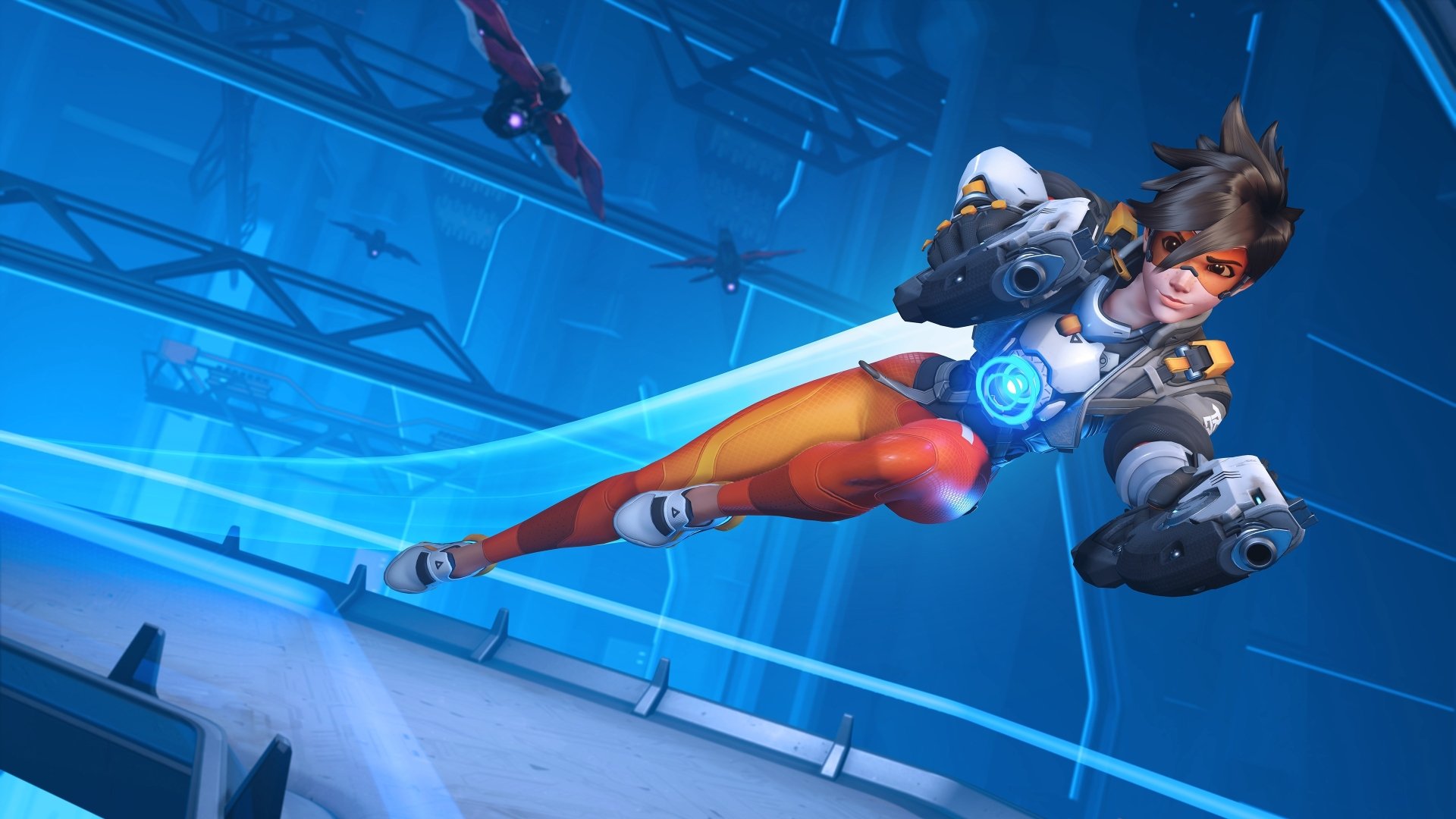 4K Ultra HD desktop wallpaper featuring Tracer from Overwatch 2 in dynamic action pose within a futuristic, blue-toned video game environment.