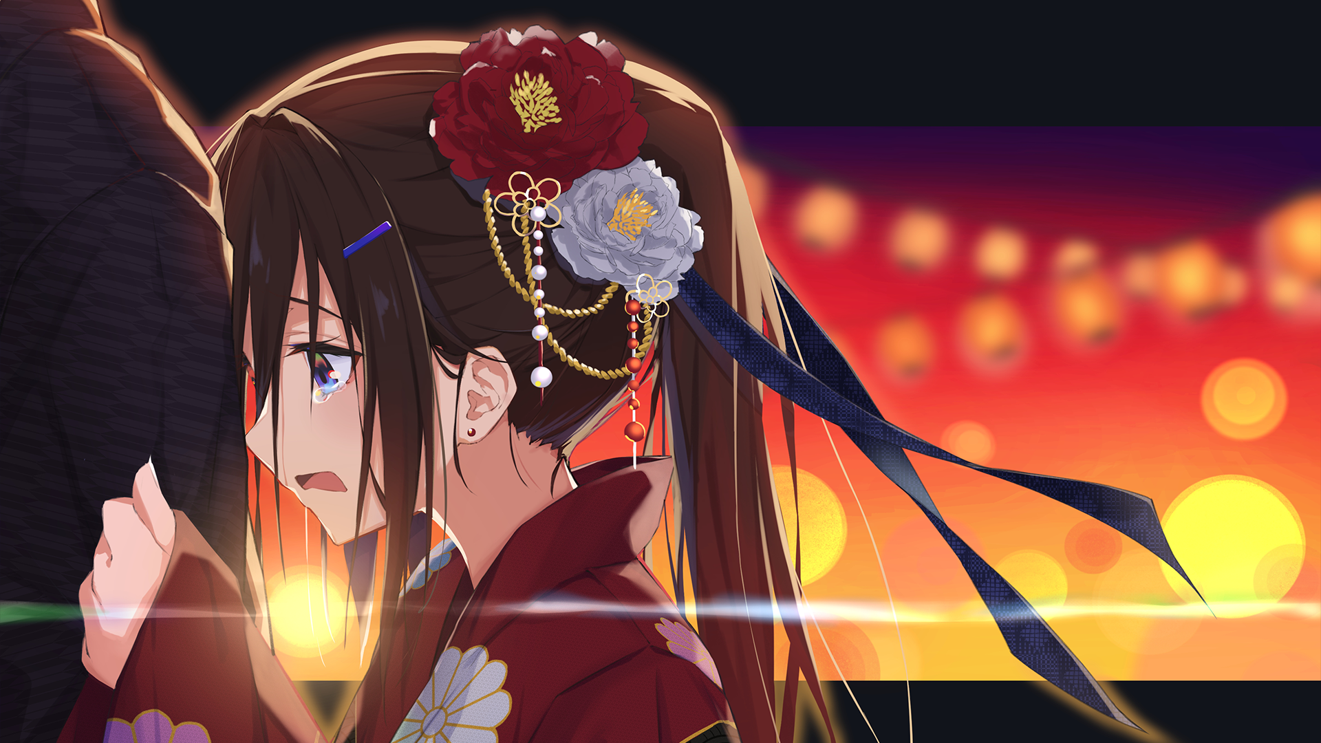 A girl with long brown hair wearing a yukata, adorned with flowers, stands against a vibrant background of glowing lights, captured in a striking anime style.