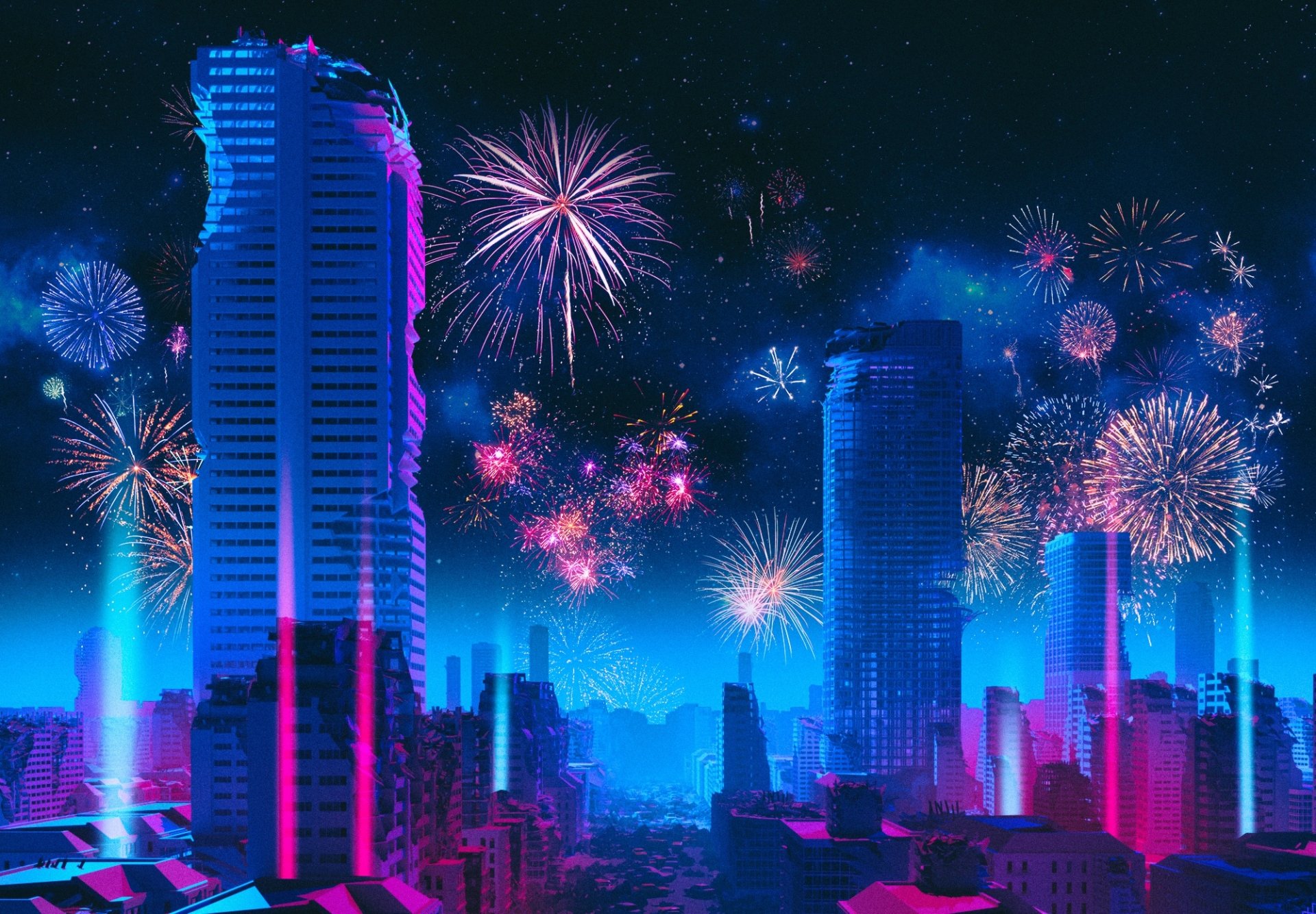 A vibrant sci-fi cityscape at night with towering skyscrapers and colorful fireworks lighting up the post-apocalyptic skyline in HD detail.