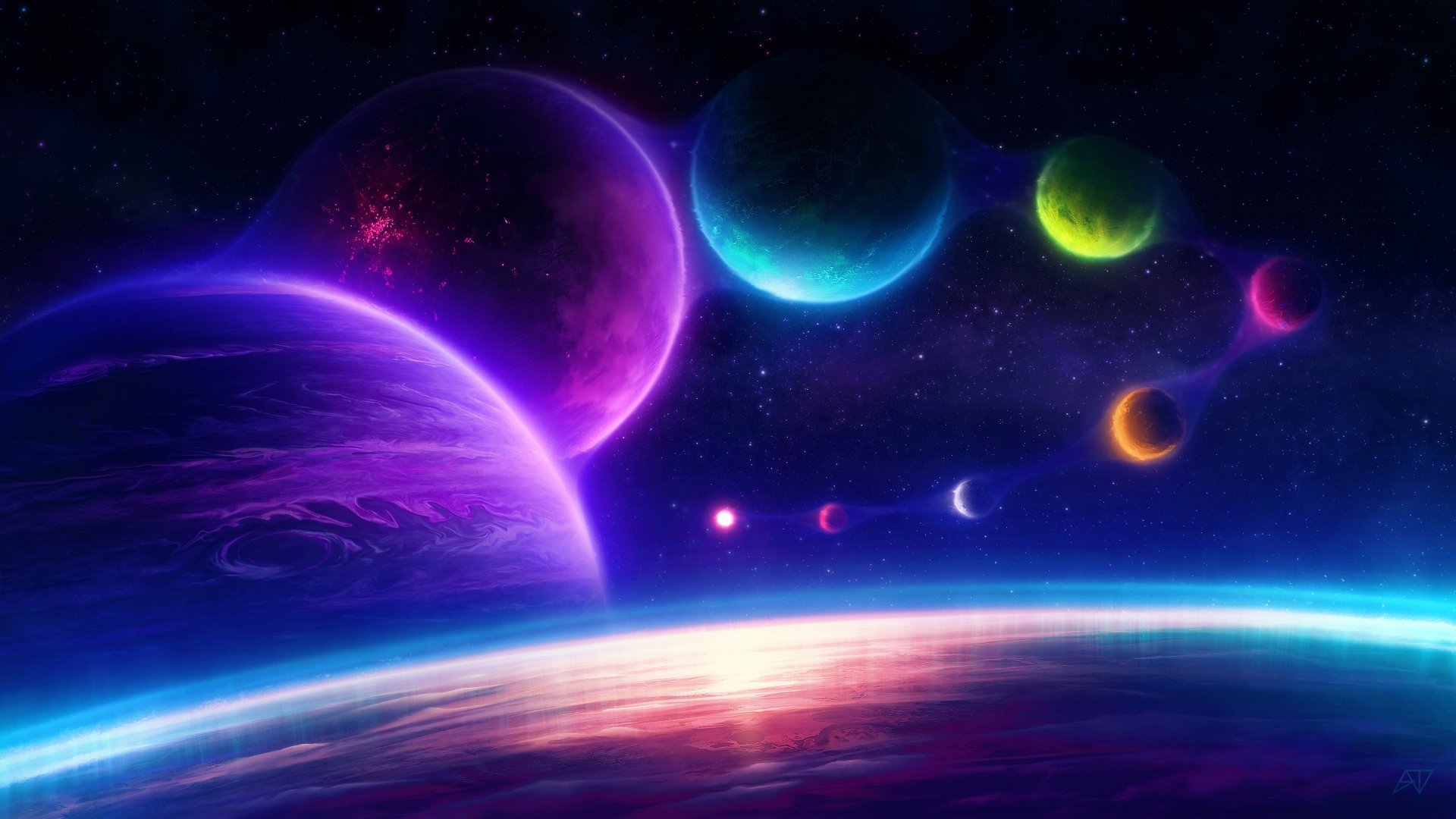 A vibrant 4K Ultra HD sci-fi space scene featuring multiple colorful planets aligned against a starry cosmic backdrop.