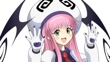 HD PC desktop wallpaper of Lala Satalin Deviluke from To Love-Ru: cheerful pink-haired anime girl in a bat-wing hat and paw-print gloves, smiling and waving against a white background.