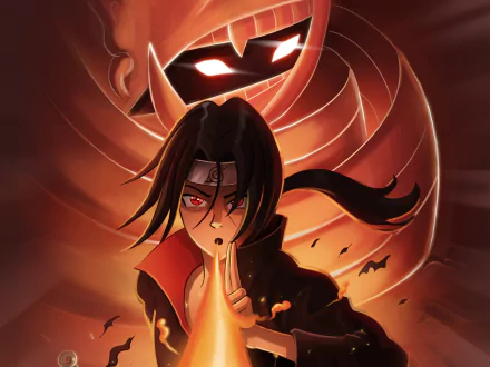 HD anime wallpaper featuring Itachi Uchiha from Naruto, showcasing his intense gaze and iconic Sharingan with a fiery, dynamic background.