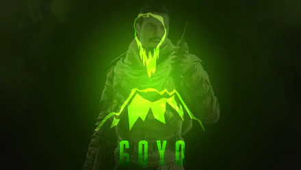 8K Ultra HD PC desktop wallpaper: Goyo from Tom Clancy's Rainbow Six: Siege, neon green stylized portrait with volcanic emblem and GOYO text, video game artwork.