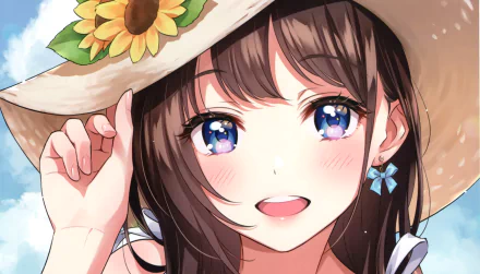 Anime-style HD desktop wallpaper featuring a close-up of a brown-haired girl with blue eyes, wearing a sunflower-adorned hat and a blue flower earring.