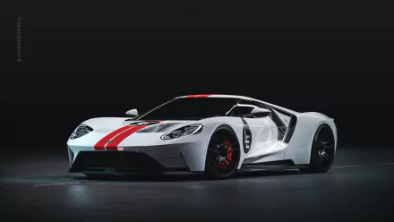 White Ford GT supercar with red racing stripes on a dark background, showcased in 4K Ultra HD for a stunning PC desktop wallpaper and background.