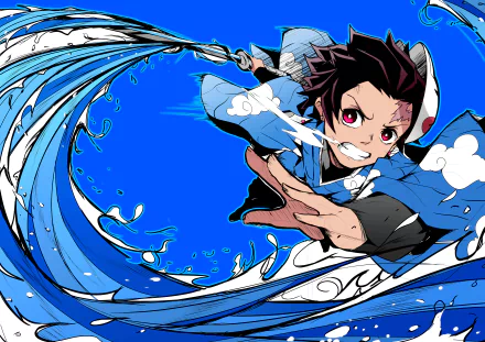 HD desktop wallpaper featuring Tanjiro Kamado from the anime Demon Slayer: Kimetsu no Yaiba in a dynamic action pose with vivid blue and white swirling elements.