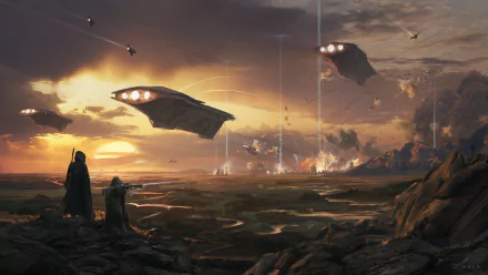 HD PC desktop wallpaper depicting a sci-fi battle scene with a warrior overlooking a landscape as futuristic spaceships hover under a dramatic sky.