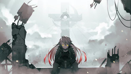 HD Anime desktop wallpaper featuring a character from Pixiv Fantasia T set against a post-apocalyptic backdrop with a large cross and debris in the background.