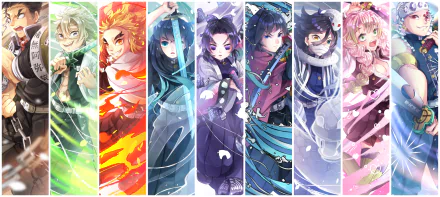 HD desktop wallpaper featuring vibrant artwork of characters from Demon Slayer: Kimetsu no Yaiba, including Shinobu Kochou, Tengen Uzui, Kyojuro Rengoku, and others.