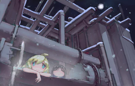 Yuuri and Chito from Girls' Last Tour relax under a snowy night sky in this 4K Ultra HD anime wallpaper background.