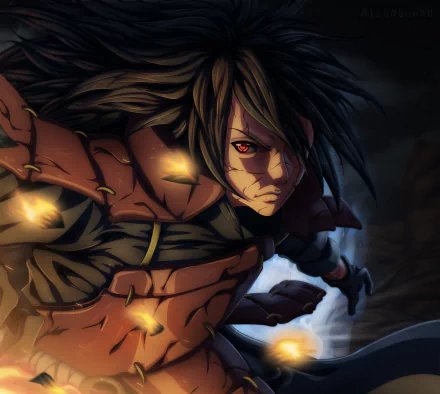 HD anime desktop wallpaper featuring Madara Uchiha from Naruto, depicted with intense red eyes and dynamic motion in a dark, dramatic setting.