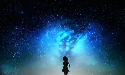 Anime-style HD desktop wallpaper depicting a silhouette of a person under a vivid, starry night sky with a glowing blue nebula.