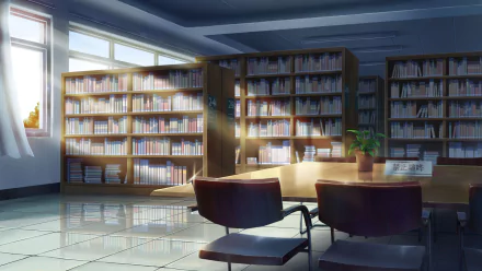 HD desktop wallpaper of an anime-style library with bookshelves, chairs, and a sunlit reading table.