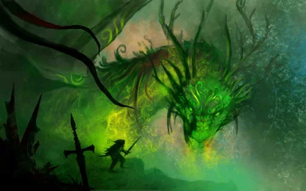A high-definition desktop wallpaper featuring a green, ethereal dragon facing a lone warrior in a mystical, foggy setting. The scene exudes a fantasy theme with vibrant colors and dramatic lighting.