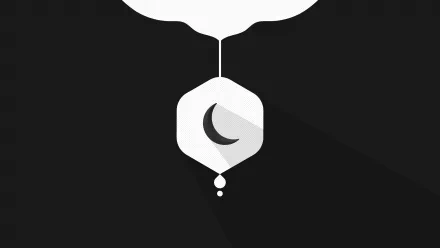 A high-definition artistic desktop wallpaper featuring a minimalist design of a crescent moon within a hexagonal shape, set against a dark background.