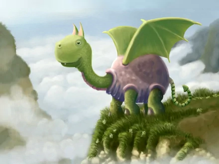 A humorous HD desktop wallpaper featuring a cartoon dragon standing on a grassy cliff with a cloudy sky in the background.