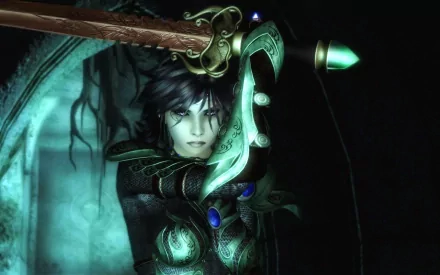 HD desktop wallpaper of a character from The Elder Scrolls IV: Oblivion wielding a glowing sword. The dark, mystical background enhances the fantasy adventure feel.