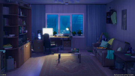 A cozy anime room interior featuring a sofa, desk with a computer, and plants, illuminated by soft lighting. This HD wallpaper captures a lofi aesthetic.