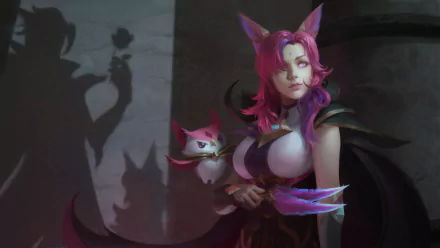 HD PC desktop wallpaper featuring Xayah from League of Legends, showcasing her with vibrant purple hair and a sharp feathered weapon in a dark, moody setting.
