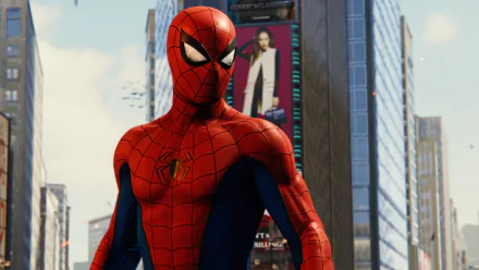 HD PC desktop wallpaper featuring Spider-Man from the Spider-Man (PS4) video game, standing confidently in a cityscape with skyscrapers in the background.