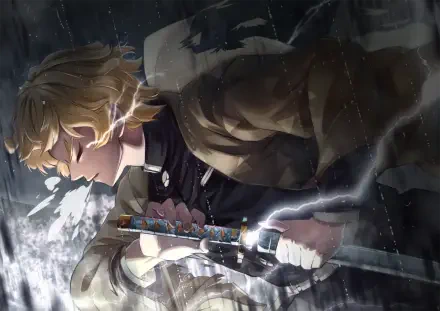 HD wallpaper featuring Zenitsu Agatsuma from the anime Demon Slayer: Kimetsu no Yaiba, depicted in an intense scene holding a sword amidst a stormy background.