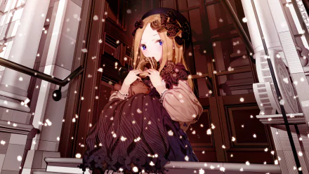 Anime-style HD wallpaper featuring Abigail Williams from Fate/Grand Order with long blonde hair, blue eyes, and an elegant dark dress in a detailed indoor setting.