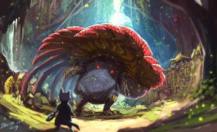 HD PC wallpaper featuring a dramatic crossover scene with Vileplume from Pokémon in an anime-style Monster Hunter: World environment.