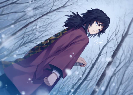 HD desktop wallpaper of Giyuu Tomioka from Demon Slayer: Kimetsu no Yaiba. Giyuu, in a wintry forest, holds his sword while snow falls around him.