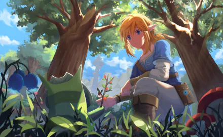 Link with blonde hair and pointed ears is seen engaging with a Korok in a lush forest. This HD wallpaper is inspired by The Legend of Zelda: Breath of the Wild video game.