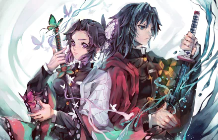 HD wallpaper featuring Giyuu Tomioka and Shinobu Kochou from Demon Slayer: Kimetsu no Yaiba. The vibrant anime art showcases the characters in dynamic and detailed poses.