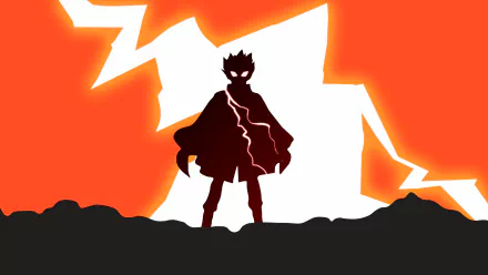 Silhouette of Ryuga from Beyblade: Metal Fusion standing against a glowing orange and white lightning background in an anime-style HD desktop wallpaper.