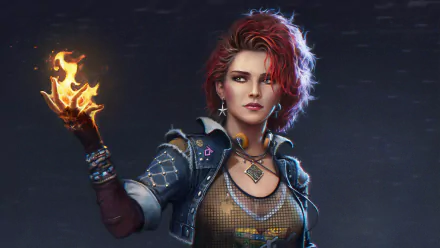 Triss Merigold from The Witcher 3: Wild Hunt conjuring fire magic, featuring her signature red hair in a detailed 4K Ultra HD video game wallpaper.