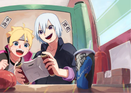 4K Ultra HD anime wallpaper featuring Suigetsu Hōzuki and Boruto Uzumaki enjoying a game and snacks, capturing a lively moment from the Boruto series.