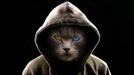 A 4K Ultra HD wallpaper featuring a funny cat with heterochromia wearing a textured hoodie, set against a dark background with a mysterious vibe.