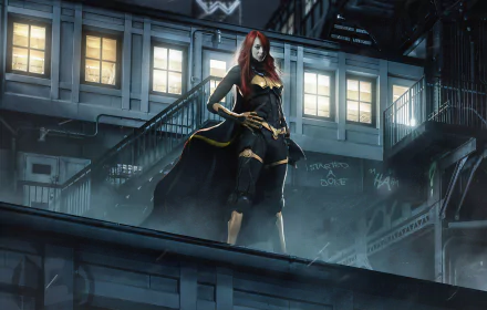 HD PC desktop wallpaper featuring Emma Stone as a comic-style Batwoman standing confidently on a rooftop at night, with city lights glowing behind her.