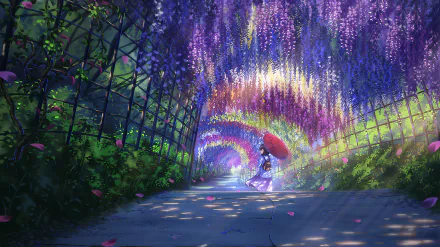 A colorful anime girl stands beneath vibrant wisteria blooms in a lush garden tunnel, creating a serene and enchanting HD PC desktop wallpaper.