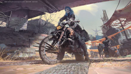 A blue-haired rider on a futuristic motorcycle navigates a cyberpunk cityscape in this HD sci-fi desktop wallpaper scene.