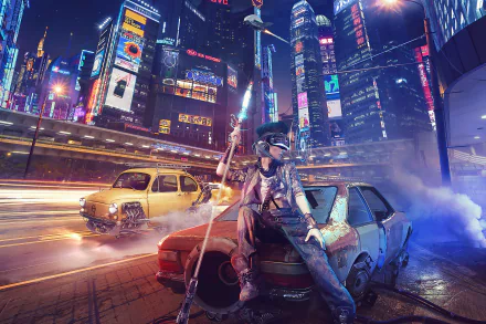 A cyberpunk cityscape with futuristic buildings and glowing neon lights, featuring a person sitting on an old car amidst vibrant traffic in 4K Ultra HD quality.