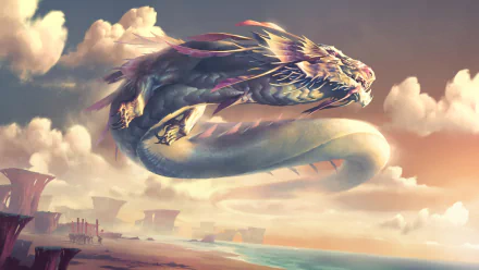 HD PC desktop wallpaper featuring a majestic dragon from the video game Legends of Runeterra soaring above a coastal landscape at sunset.