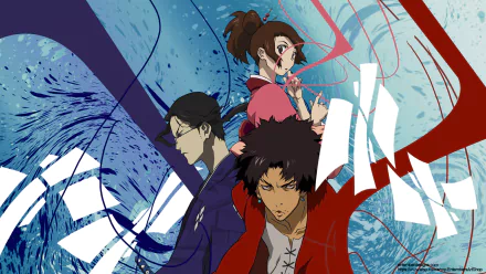 HD wallpaper of Mugen, Jin, and Fuu from the anime Samurai Champloo, set against a dynamic blue and red abstract background.